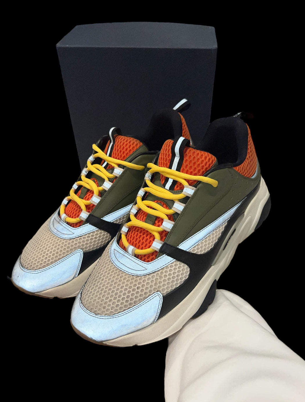Preowned Orange/Olive Green Dior B22s size 45 (fits 12-13)