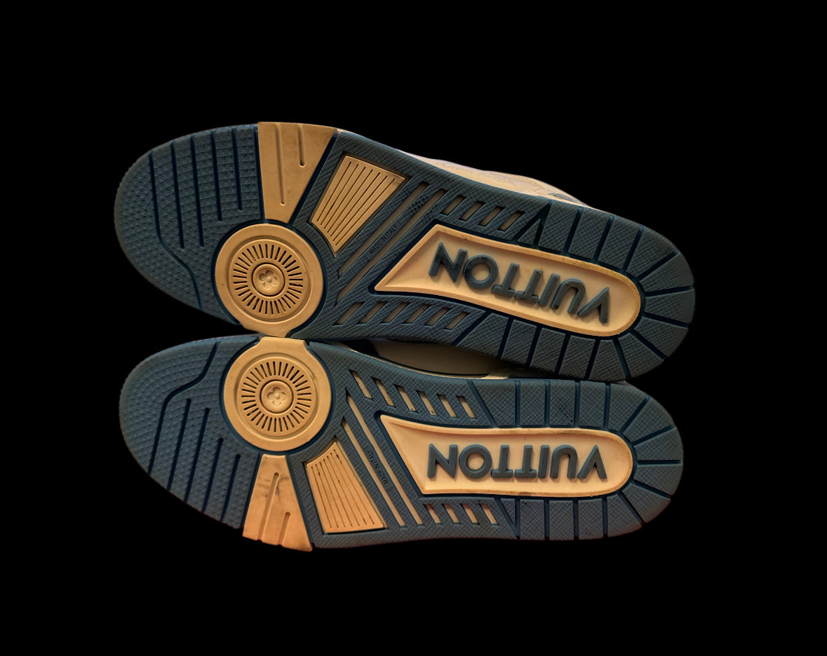 Preowned White/Blue LV Trainers size 7.5 (fits a 9-9.5)