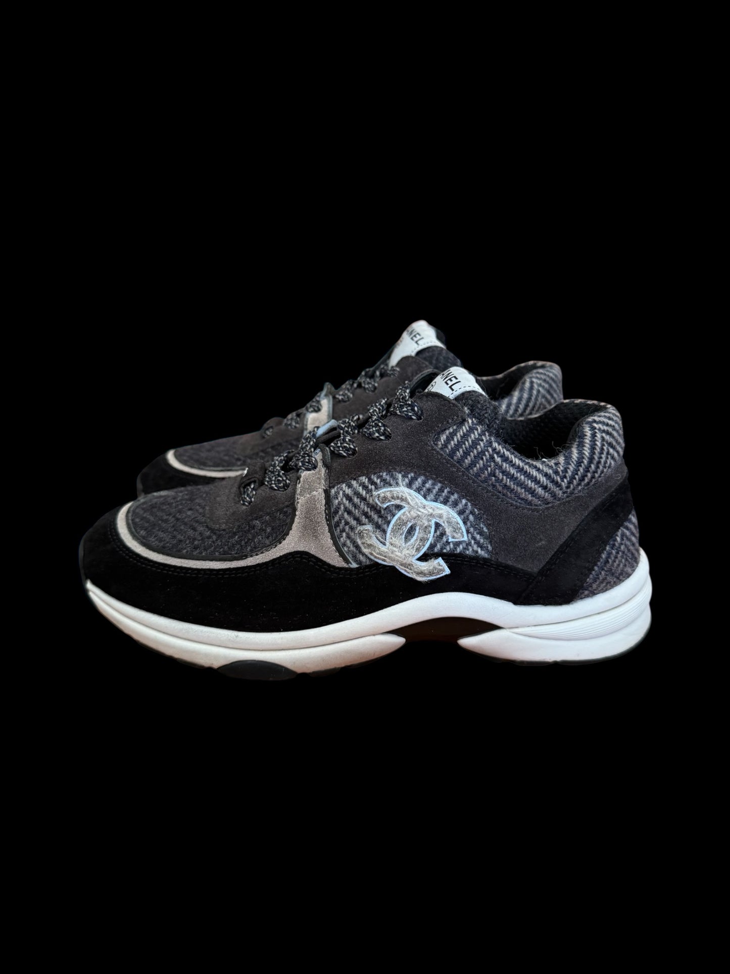 Preowned Black/Grey Tweed Chanel Runners size 36.5 (fits 6.5W-7W)