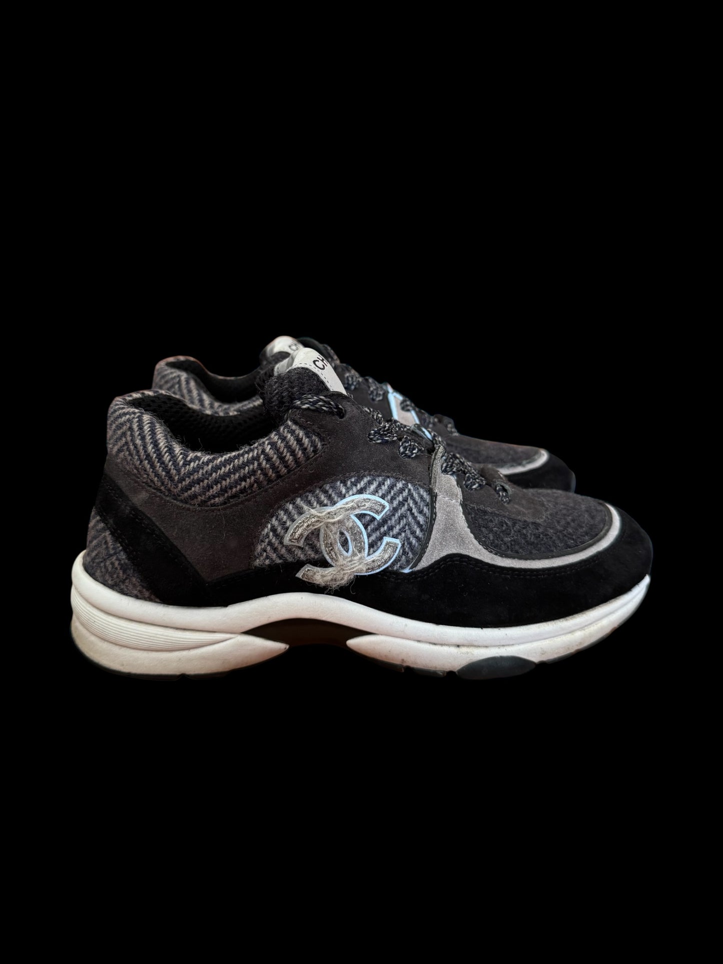 Preowned Black/Grey Tweed Chanel Runners size 36.5 (fits 6.5W-7W)