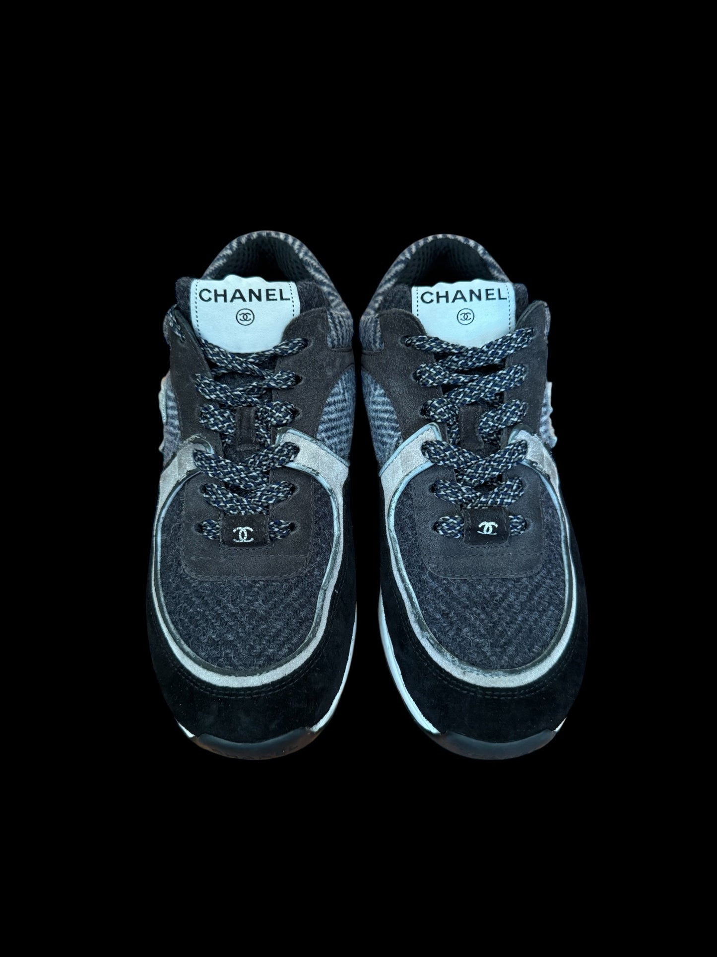 Preowned Black/Grey Tweed Chanel Runners size 36.5 (fits 6.5W-7W)
