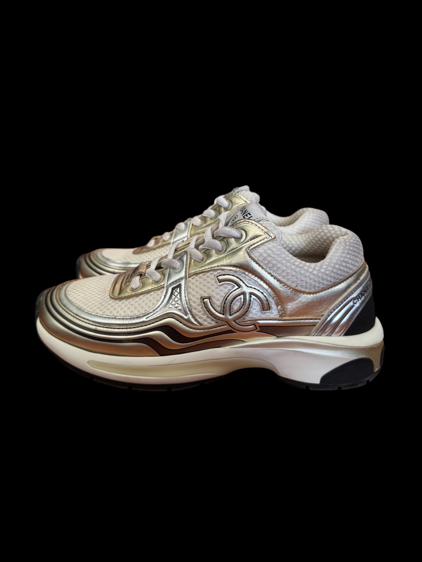 Preowned Silver Chanel Trainers size 36.5 (fits 6.5W-7W)