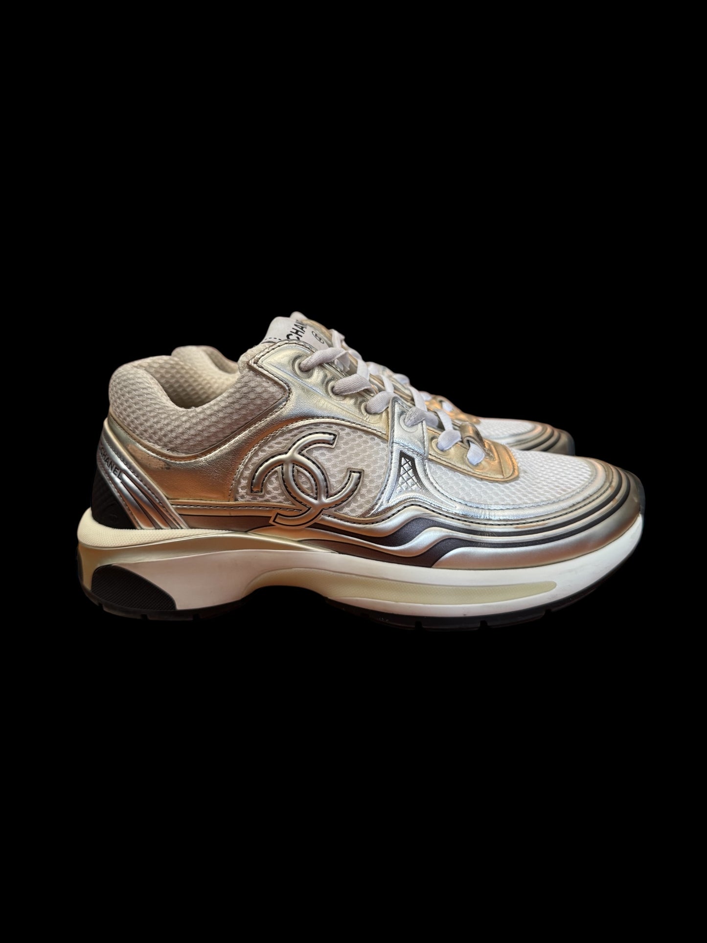 Preowned Silver Chanel Trainers size 36.5 (fits 6.5W-7W)
