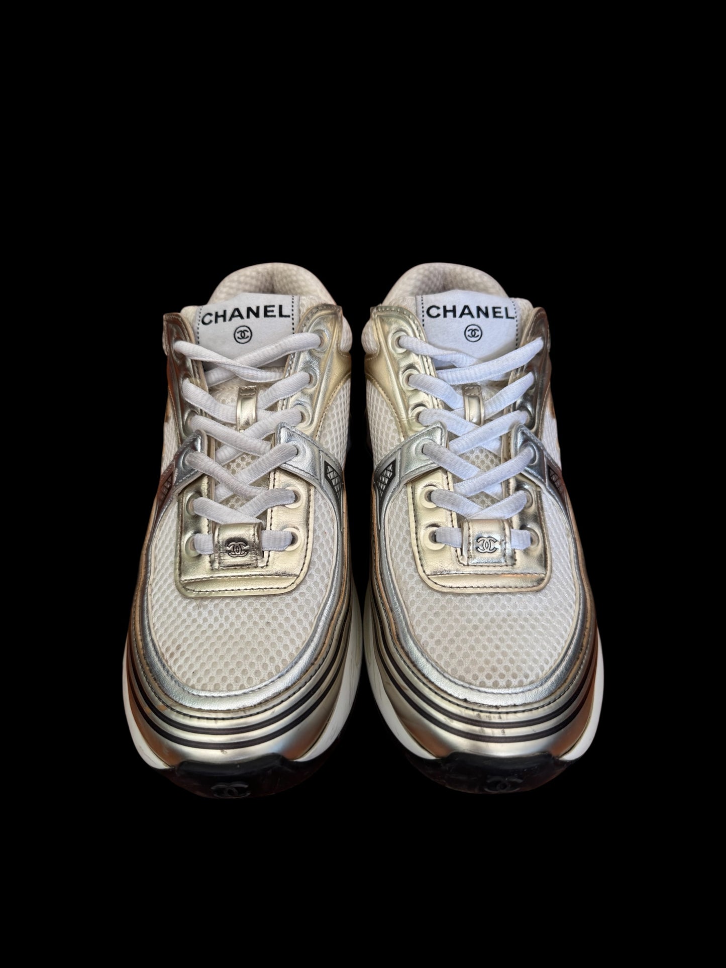 Preowned Silver Chanel Trainers size 36.5 (fits 6.5W-7W)