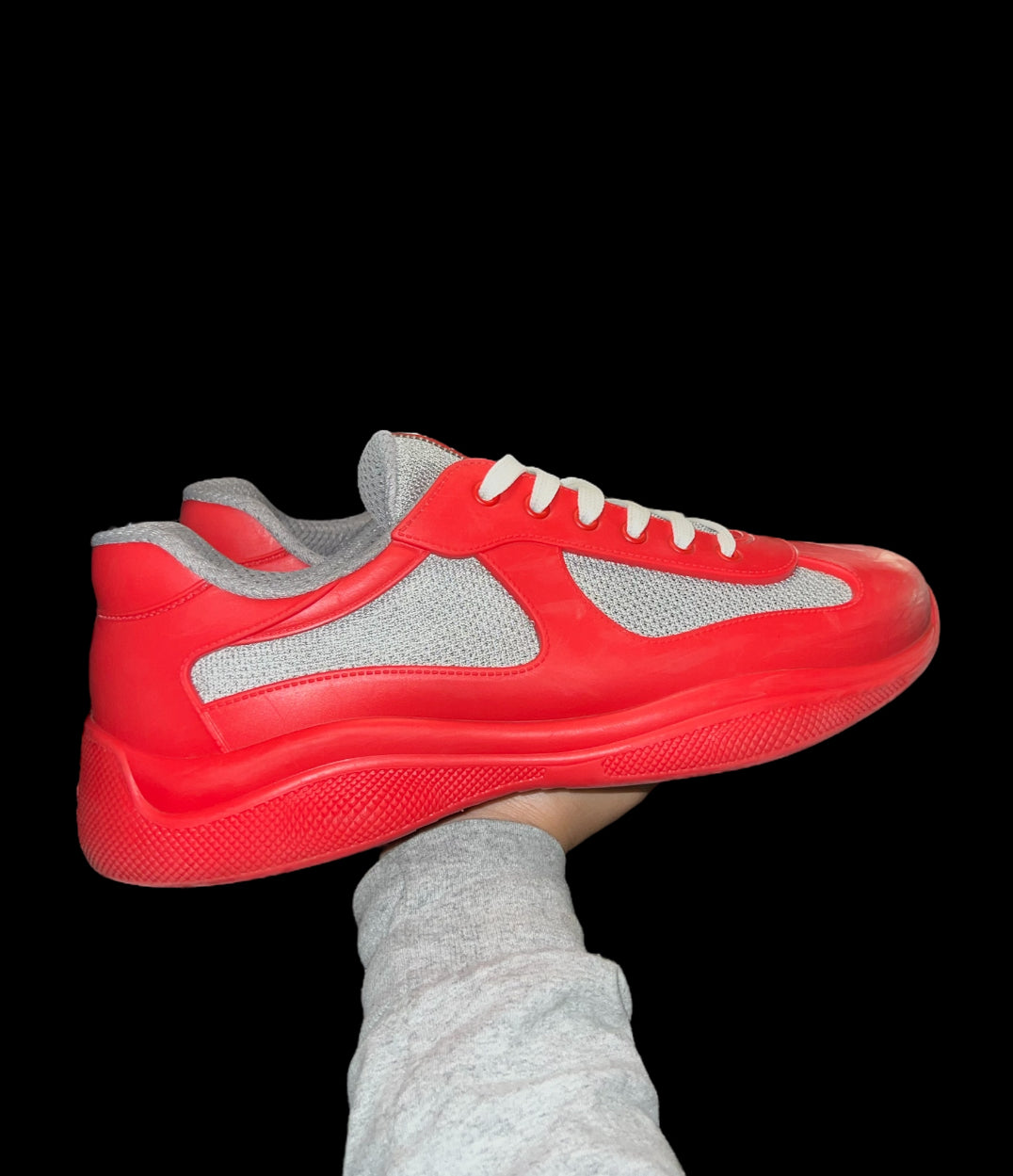 Preowned Red Rubber Prada America’s Cups size 44 (fits 11-11.5)