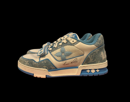 Preowned White/Blue LV Trainers size 7.5 (fits a 9-9.5)