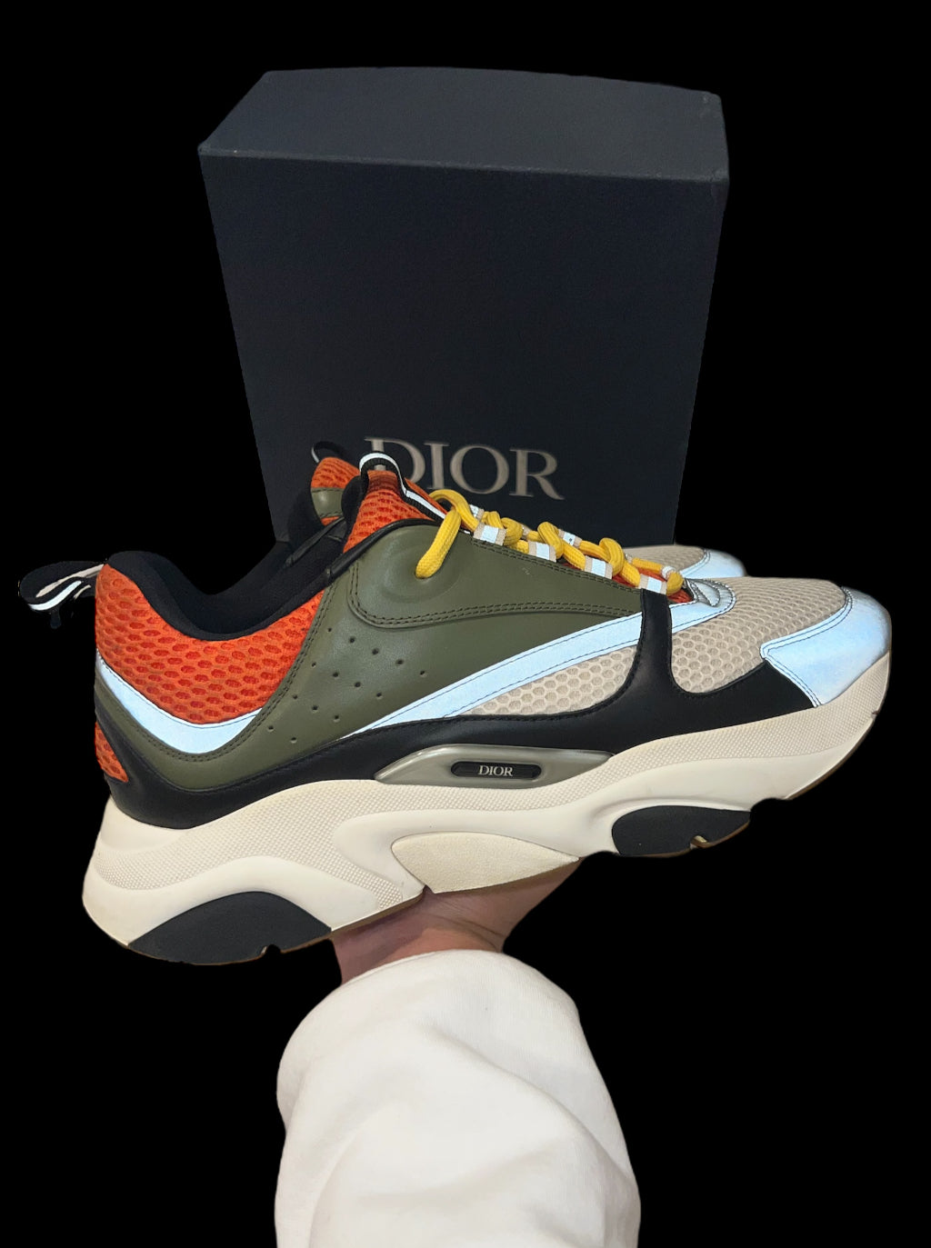 Preowned Orange/Olive Green Dior B22s size 45 (fits 12-13)